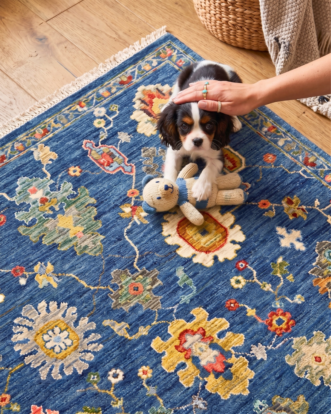 Oriental Weavers Lucca 2863B Blue Multi floral area rug with puppy on rug