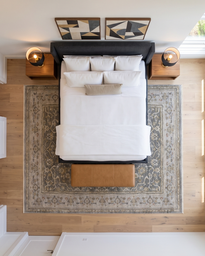 Oriental Weavers Maharaja 040M1 Beige Grey vintage rug in luxury bedroom overhead view