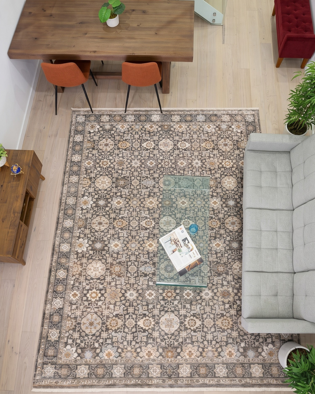Oriental Weavers Maharaja 070N1 Grey Ivory traditional rug in living room overhead view
