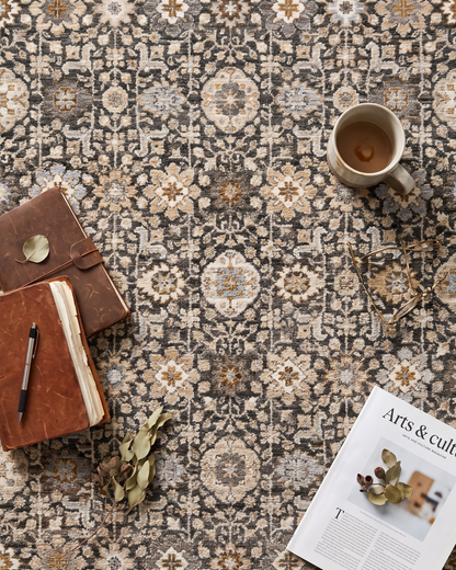 Oriental Weavers Maharaja 070N1 Grey Ivory traditional rug styled with coffee and magazine