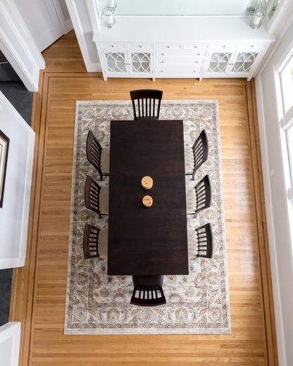 Oriental Weavers Maharaja 070W1 Ivory Grey rug dining room overhead view