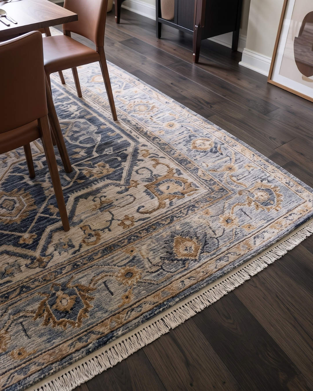 Oriental Weavers Maharaja 1803X Grey Blue rug close-up in dining room