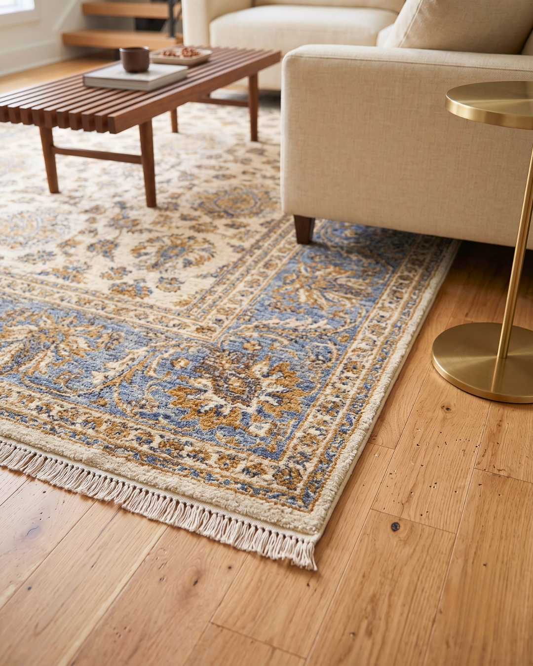 Oriental Weavers Maharaja 5091Z Ivory Blue traditional rug in elegant living room