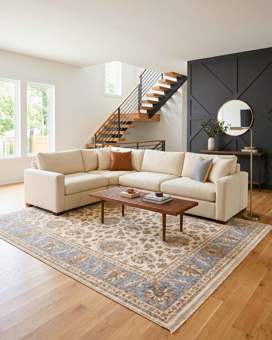 Oriental Weavers Maharaja 5091Z Ivory Blue traditional rug in modern living room
