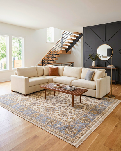 Oriental Weavers Maharaja 5091Z Ivory Blue traditional rug in modern living room