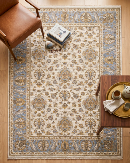 Oriental Weavers Maharaja 5091Z Ivory Blue floral rug overhead room view