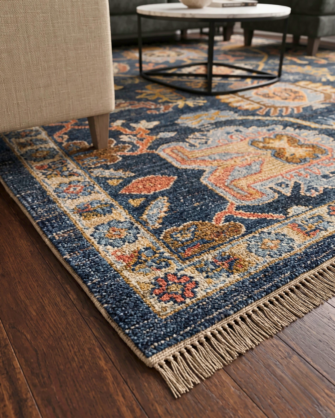Oriental Weavers Majorca MAJ02 Blue Multi fringed area rug close-up with traditional motifs.