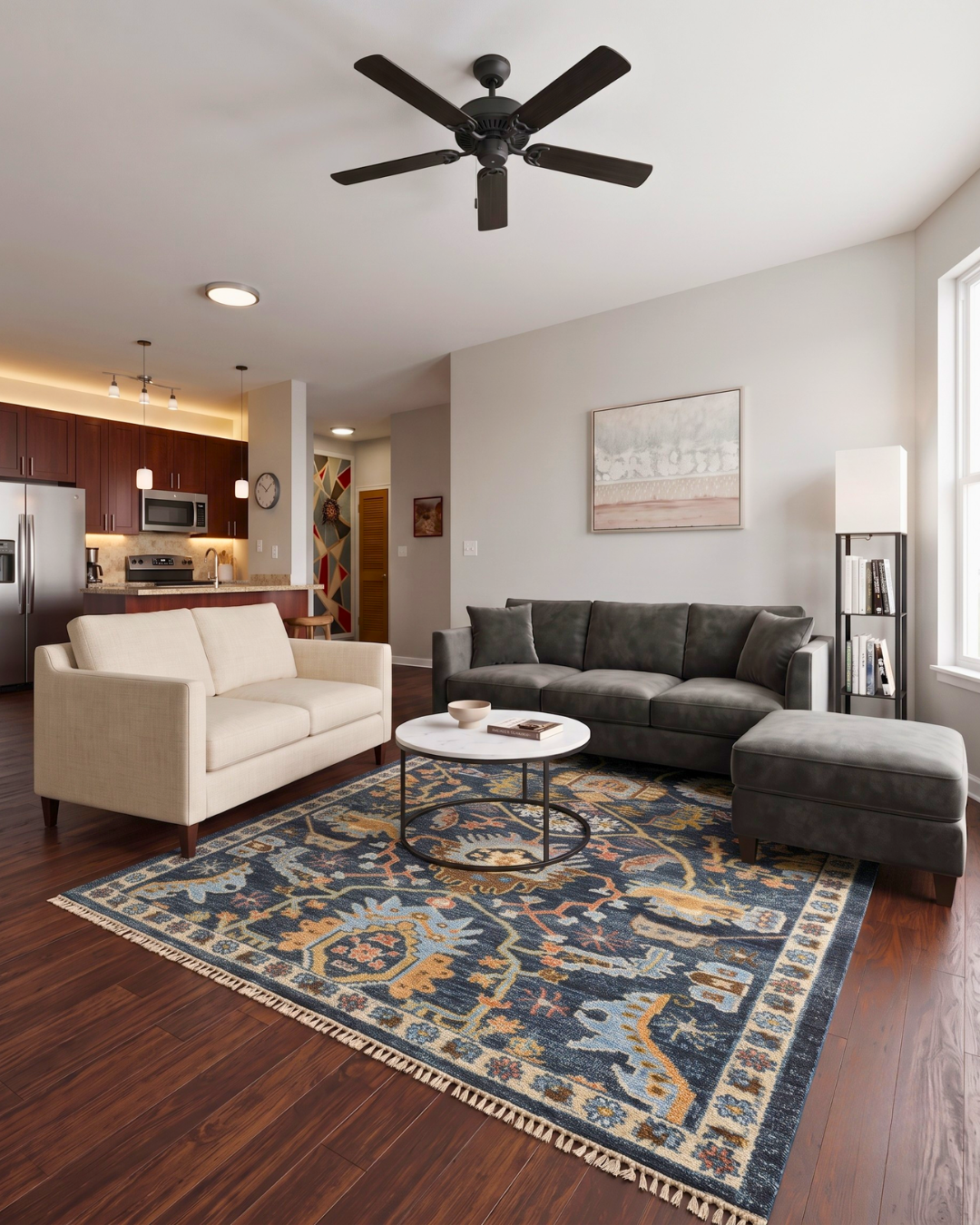 Oriental Weavers Majorca MAJ02 Blue Multi traditional rug in a modern living room 