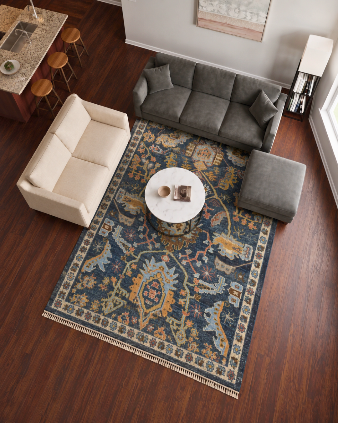 Oriental Weavers Majorca MAJ02 Blue Multi traditional rug in a modern living room overhead view.