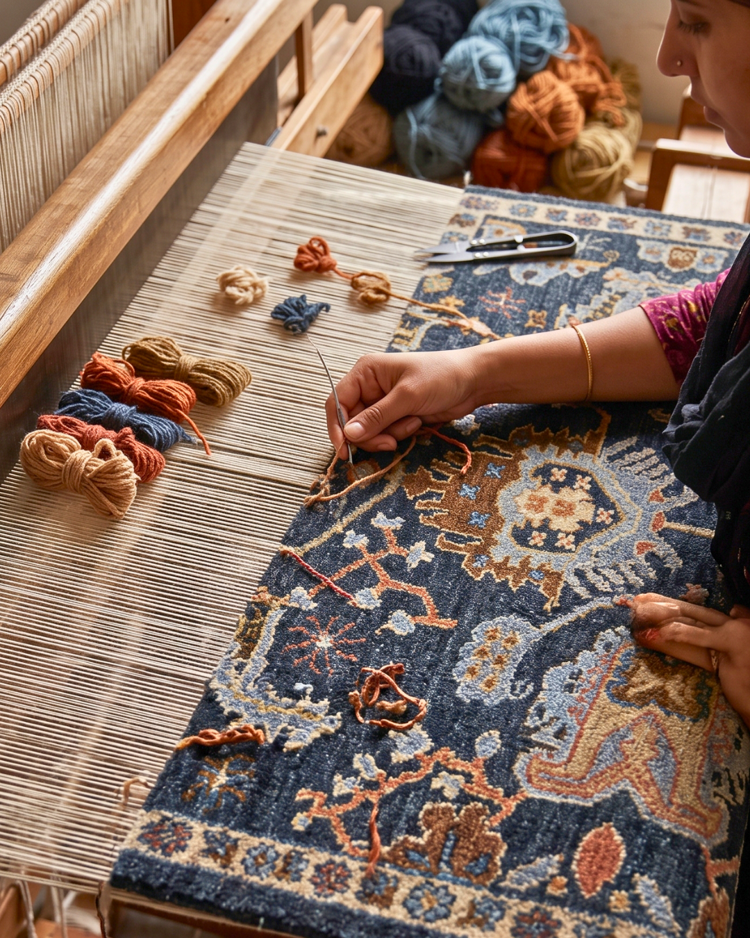 Oriental Weavers Majorca MAJ02 Blue Multi handcrafted-inspired blue rug on a weaving loom.