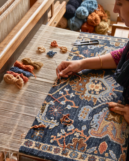 Oriental Weavers Majorca MAJ02 Blue Multi handcrafted-inspired blue rug on a weaving loom.