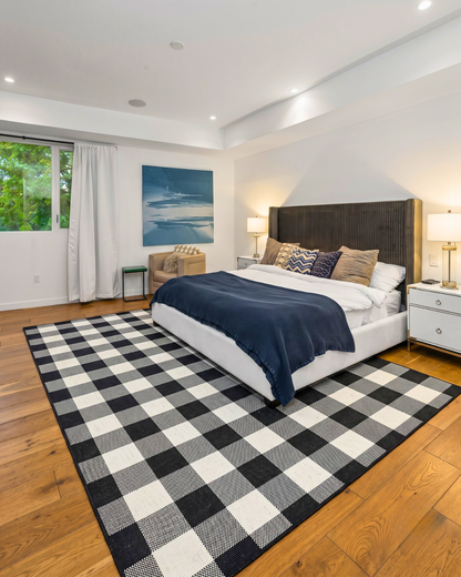 Oriental Weavers Marina 1932K Black Ivory buffalo plaid rug in bedroom