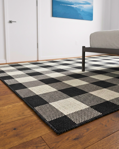 Oriental Weavers Marina 1932K Black Ivory buffalo check rug corner detail