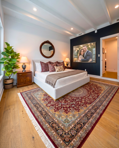 Oriental Weavers Masterpiece 090R2 Red Multi Bedroom Shot — Red and multicolor traditional floral area rug styled in an elegant bedroom.