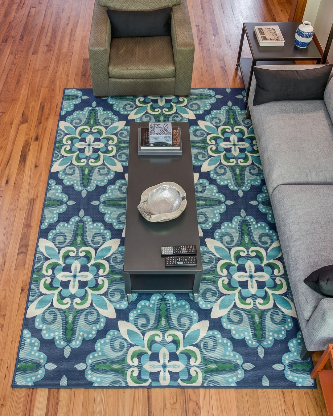 Oriental Weavers Meridian 2206B Blue Green outdoor rug overhead living room