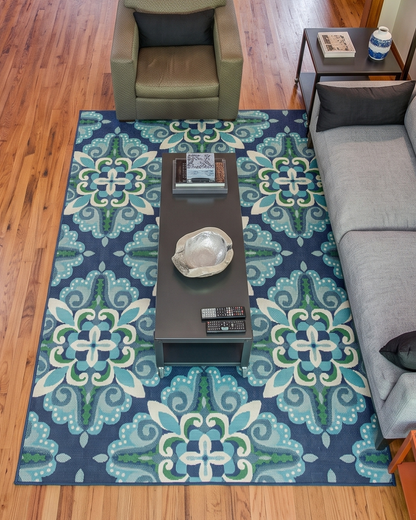 Oriental Weavers Meridian 2206B Blue Green outdoor rug overhead living room