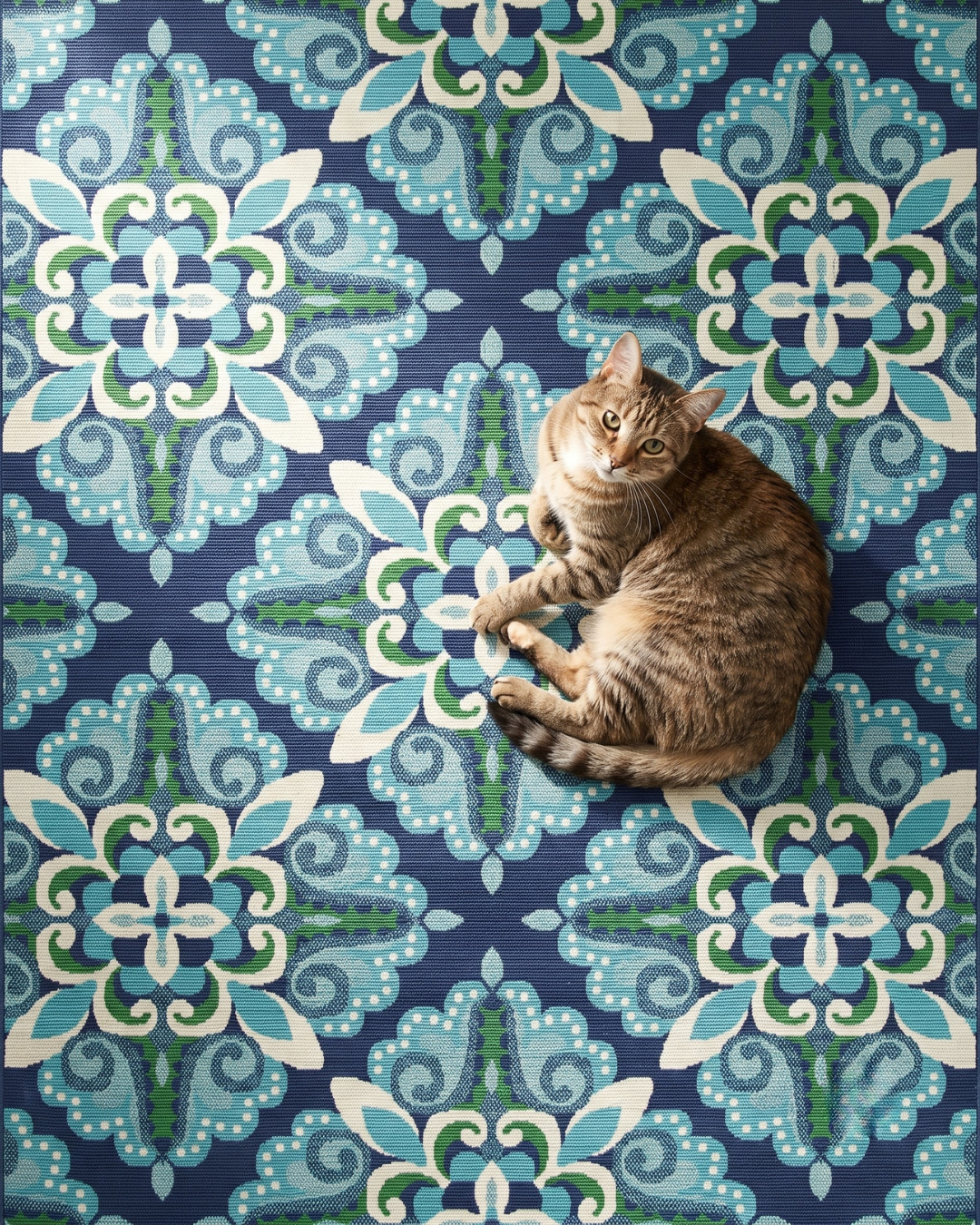 Oriental Weavers Meridian 2206B Blue Green outdoor rug with cat