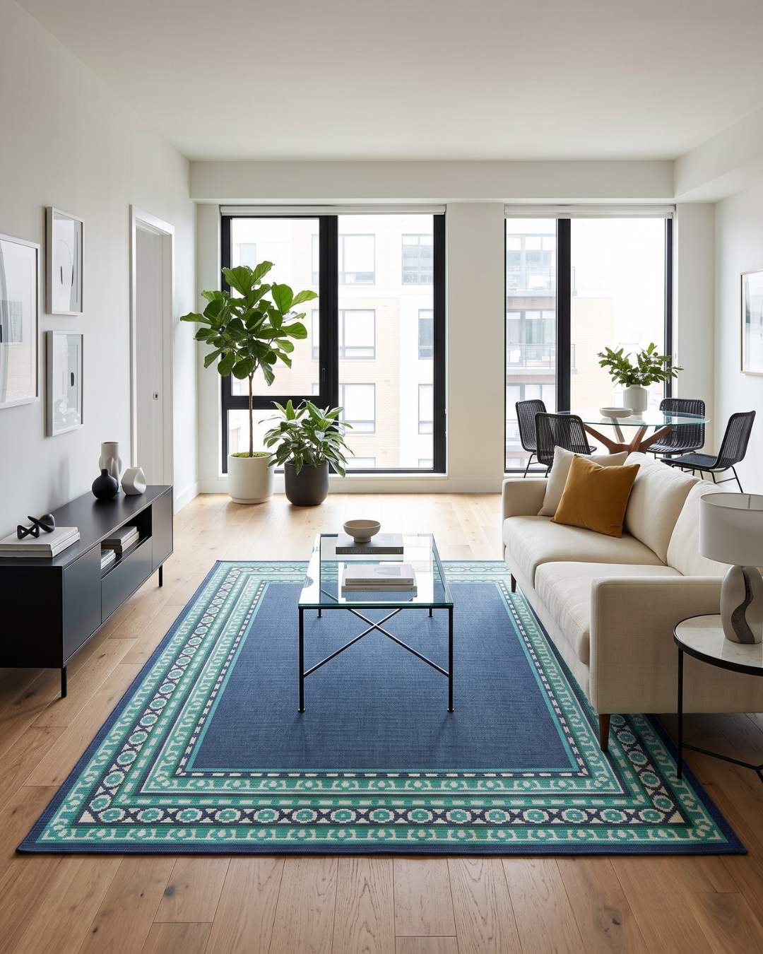 Oriental Weavers Meridian 9650B Navy Green geometric border rug in modern living room