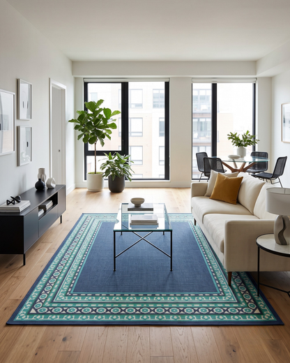 Oriental Weavers Meridian 9650B Navy Green geometric border rug in modern living room