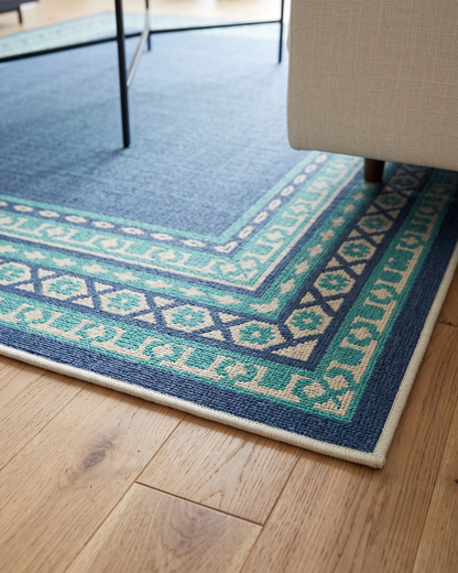Oriental Weavers Meridian 9650B Navy Green geometric border rug corner