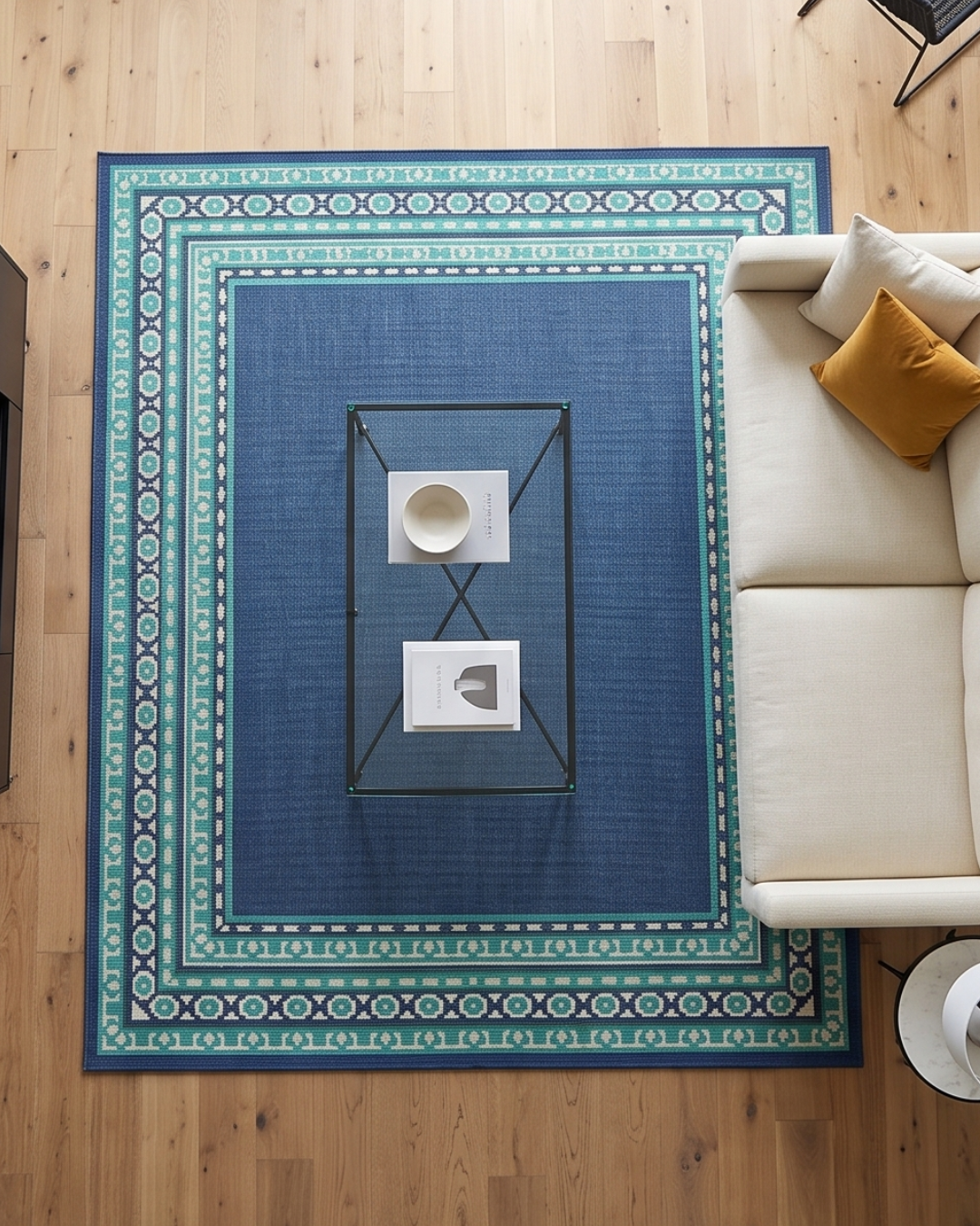 Oriental Weavers Meridian 9650B Navy Green geometric border rug living room overhead view