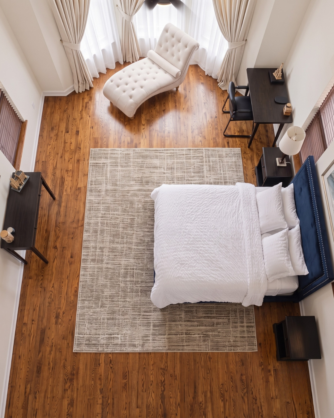 Oriental Weavers Nebulous 071E9 Beige Ivory abstract rug overhead bedroom view