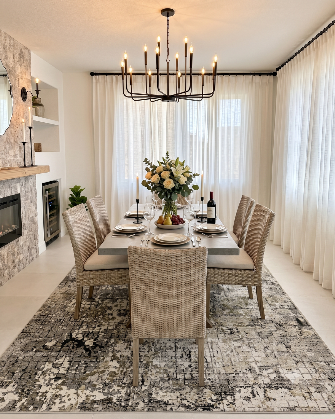 Oriental Weavers Nebulous 091D9 Grey Ivory Dining Room Shot — Grey and ivory abstract area rug styled in a bright contemporary dining room.