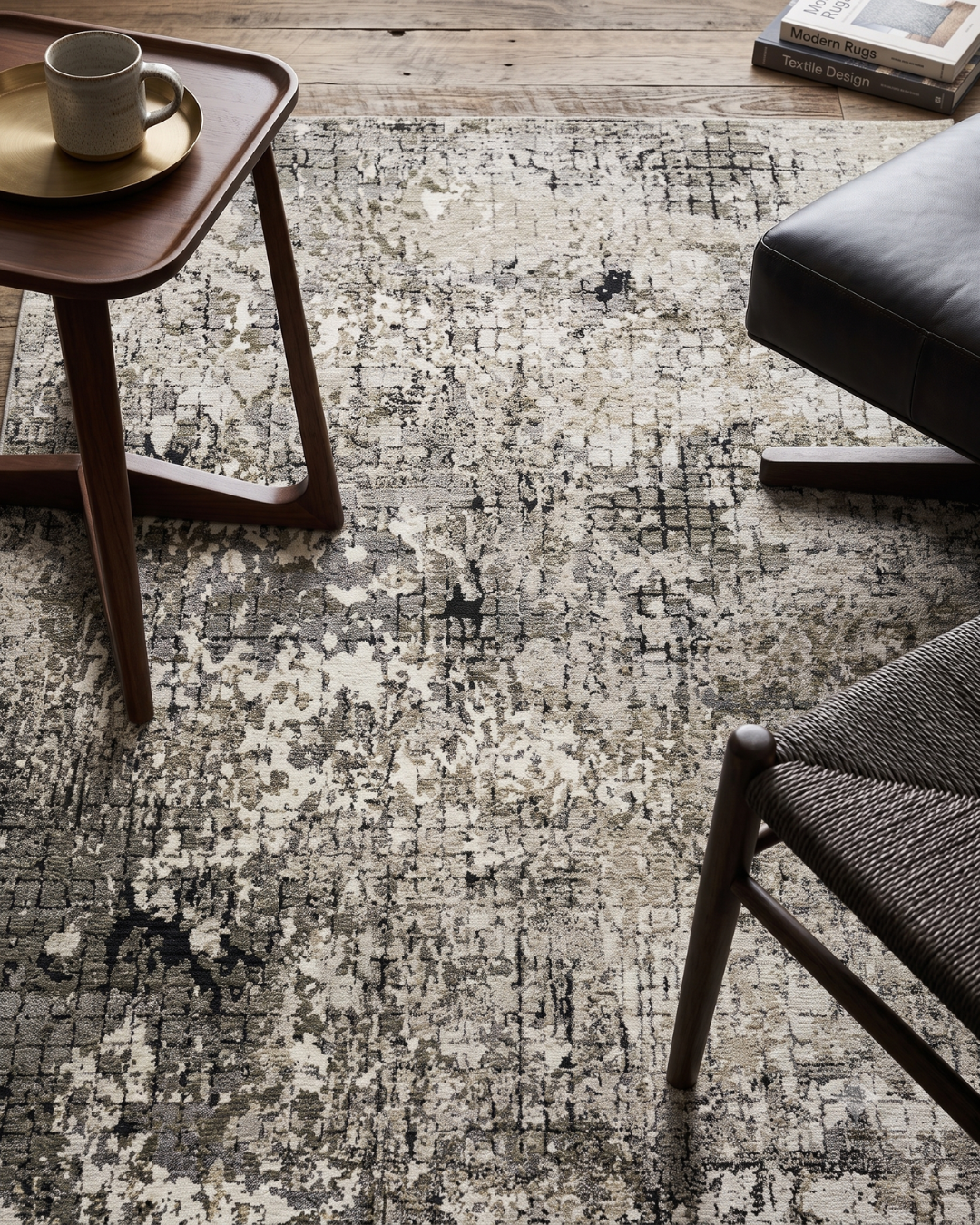 Oriental Weavers Nebulous 091D9 Grey Ivory Style Shot — Grey and ivory abstract rug showcased with modern wood and leather furniture.
