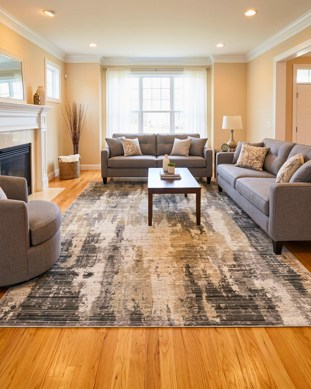 Oriental Weavers Nebulous 4151N Grey Beige rug with abstract distressed pattern in modern living room