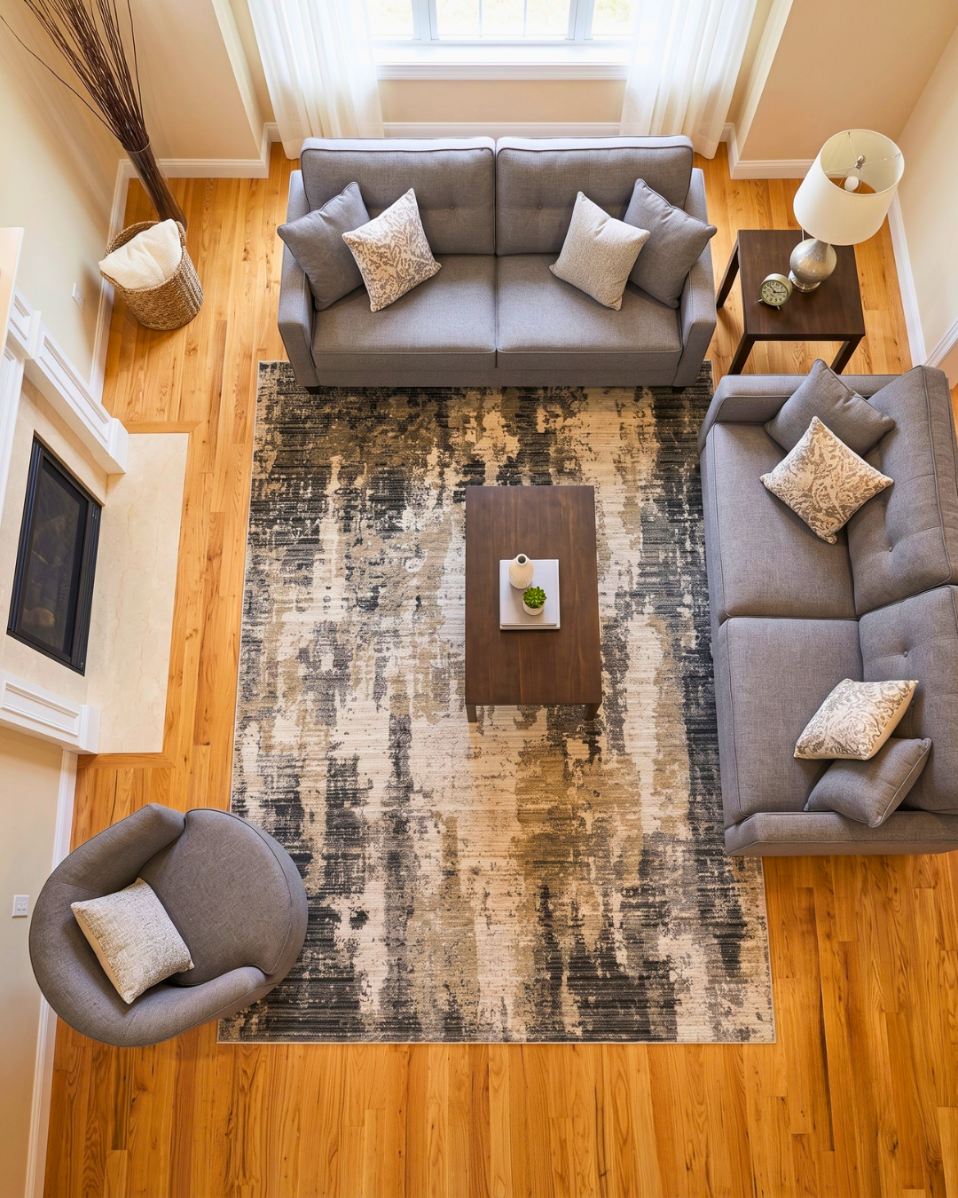 Oriental Weavers Nebulous 4151N Grey Beige rug in living room overhead view
