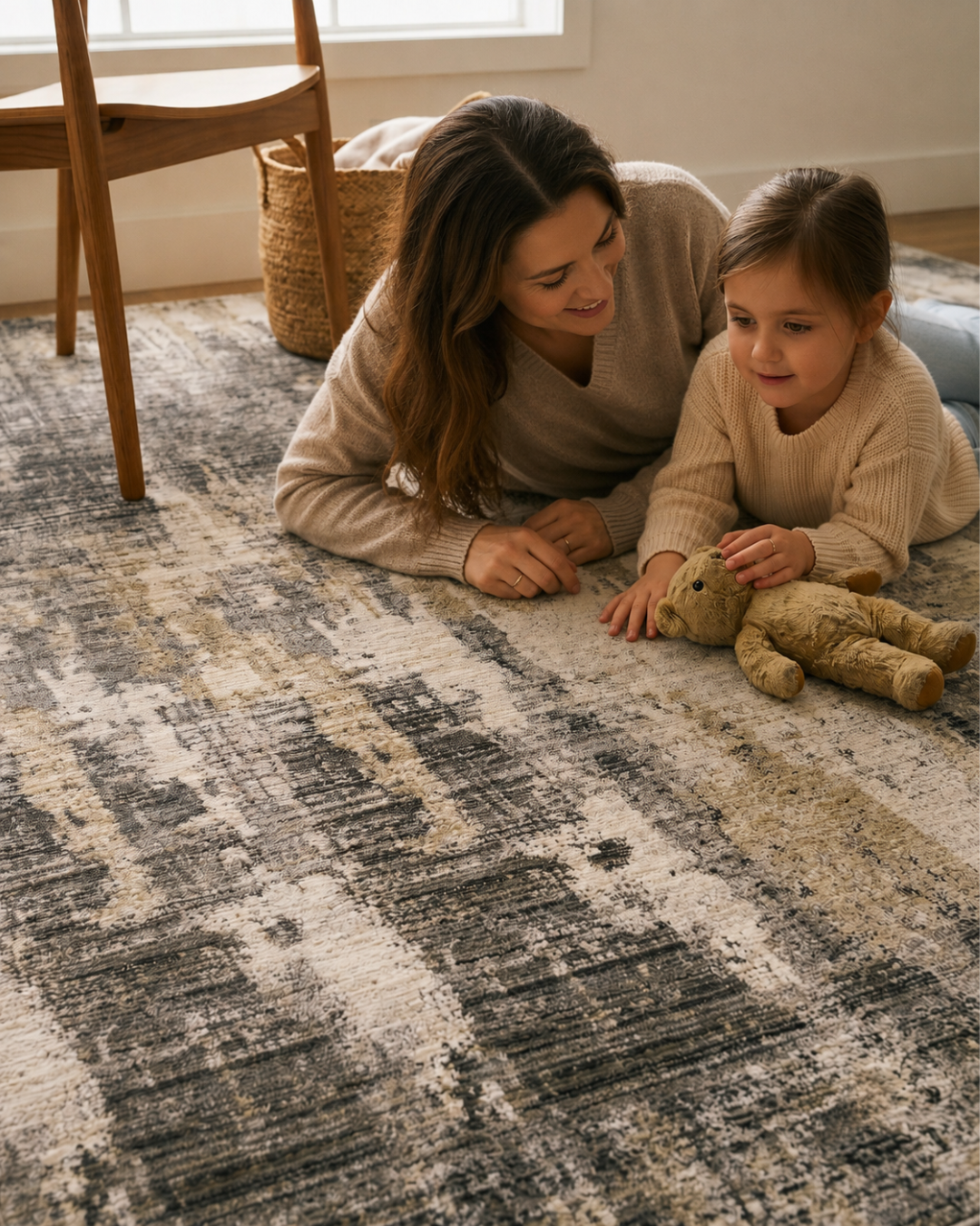 Oriental Weavers Nebulous 4151N Grey Beige abstract rug with mother and child in modern living room