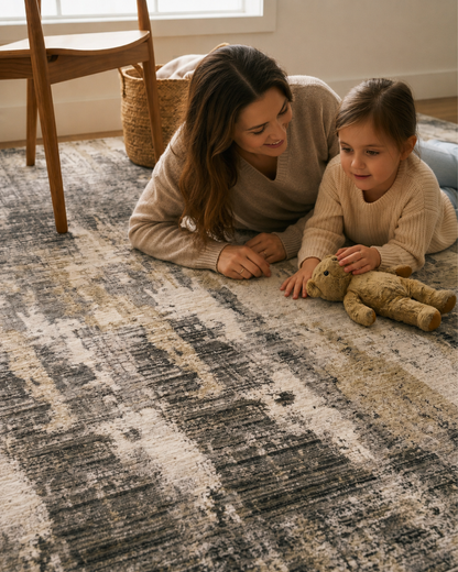 Oriental Weavers Nebulous 4151N Grey Beige abstract rug with mother and child in modern living room