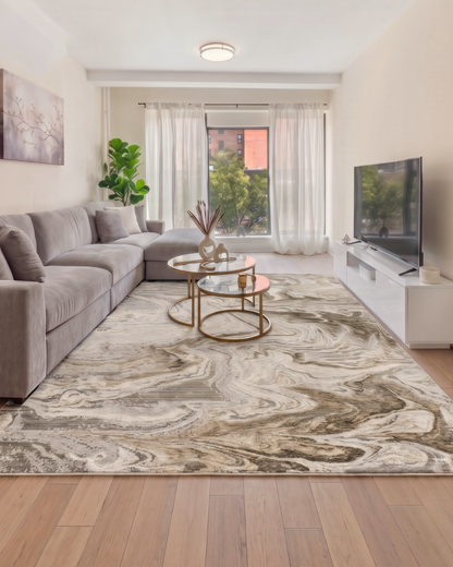 Oriental Weavers Nebulous 530E9 Ivory Tan abstract rug in modern living room