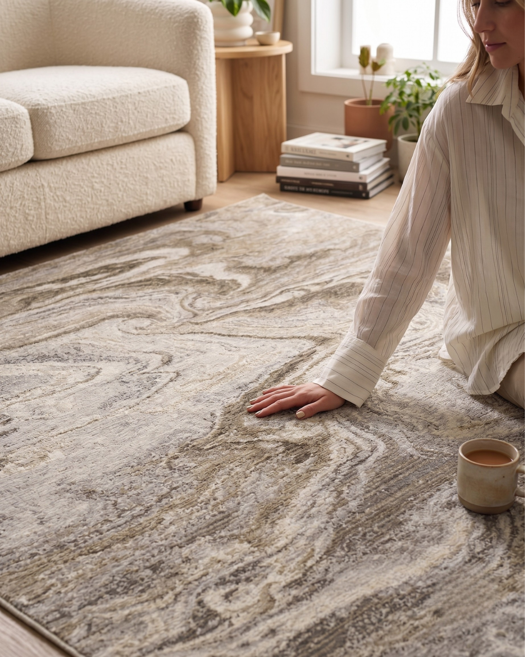 Oriental Weavers Nebulous 530E9 Ivory Tan abstract rug with soft textured surface