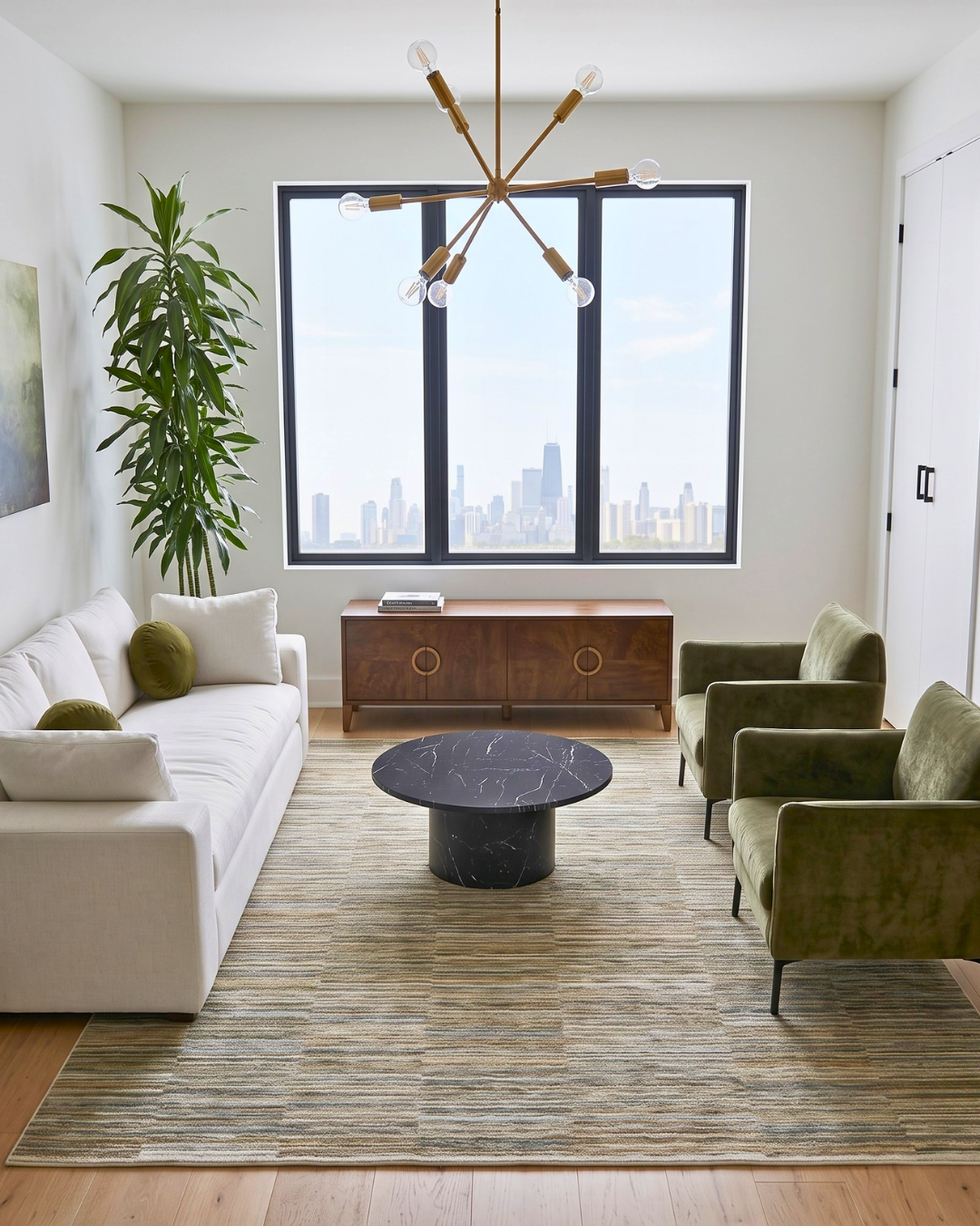 Oriental Weavers Soho SOH01 Beige Multi contemporary striped rug in a bright modern living room.