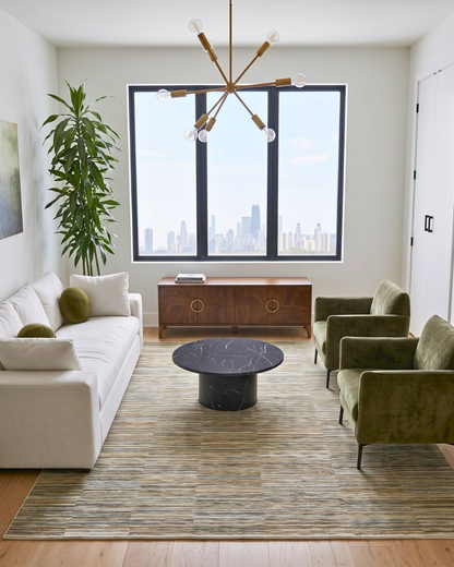 Oriental Weavers Soho SOH01 Beige Multi contemporary striped rug in a bright modern living room.