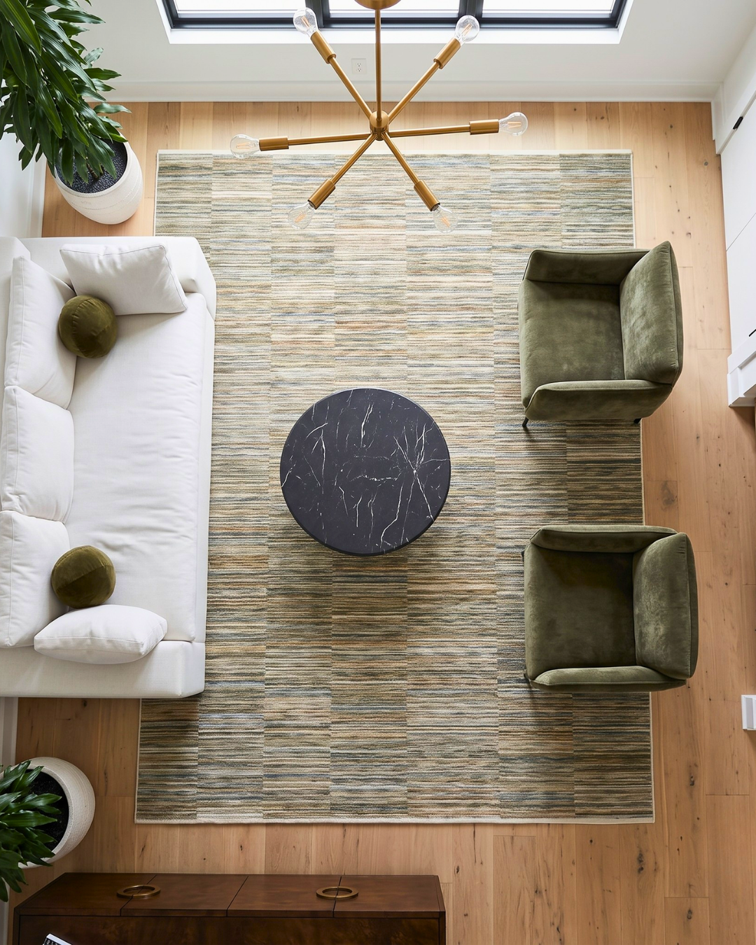 Oriental Weavers Soho SOH01 Beige Multi modern striped rug in a living room overhead view.
