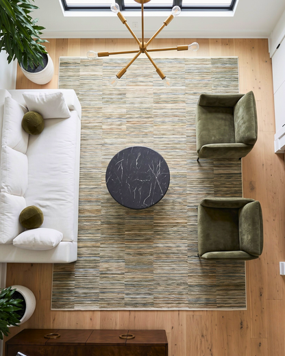 Oriental Weavers Soho SOH01 Beige Multi modern striped rug in a living room overhead view.