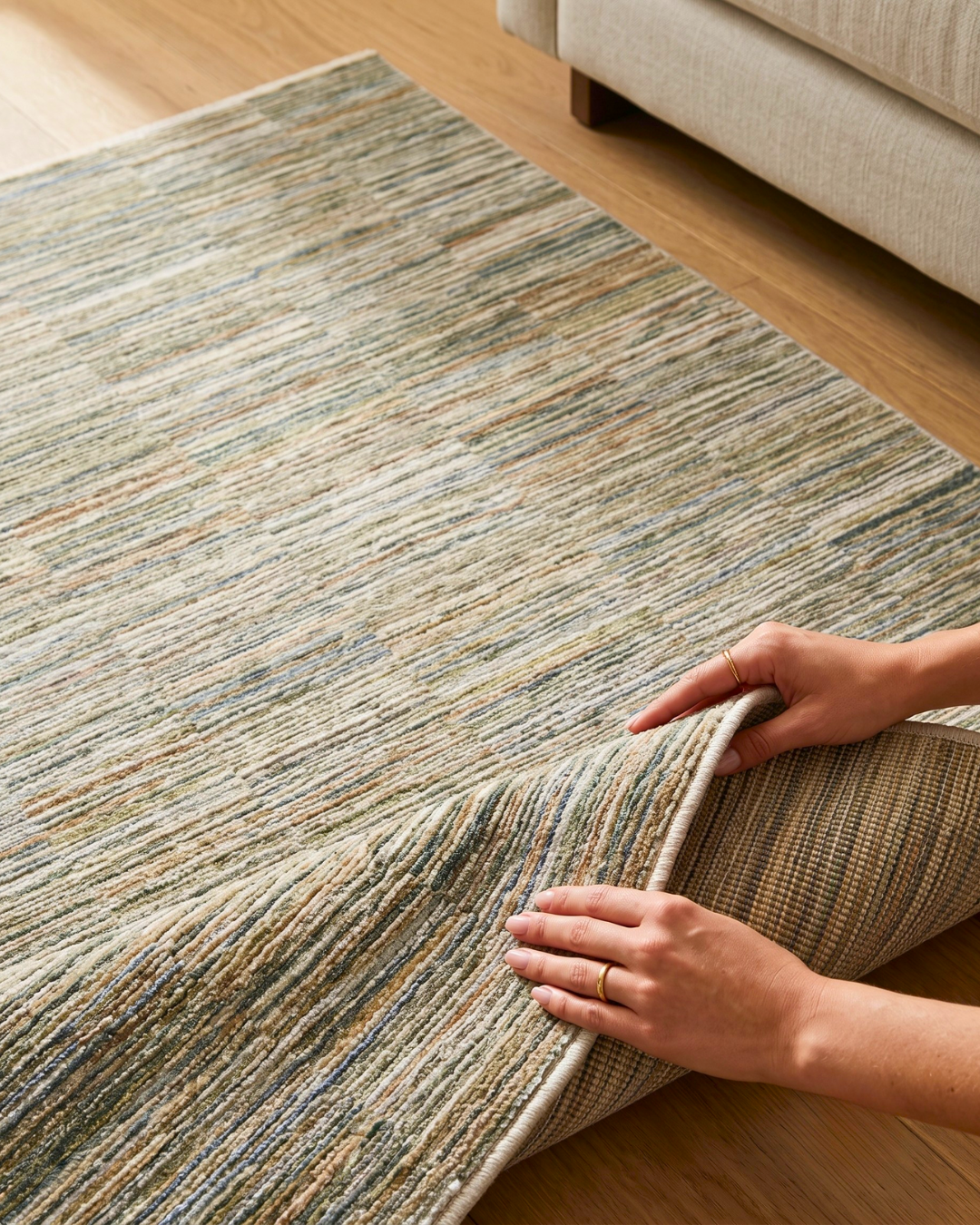 Oriental Weavers Soho SOH01 Beige Multi textured rug with folded corner showing construction.