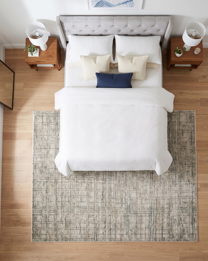 Oriental Weavers Soho SOH05 Beige Multi textured rug in modern bedroom overhead view