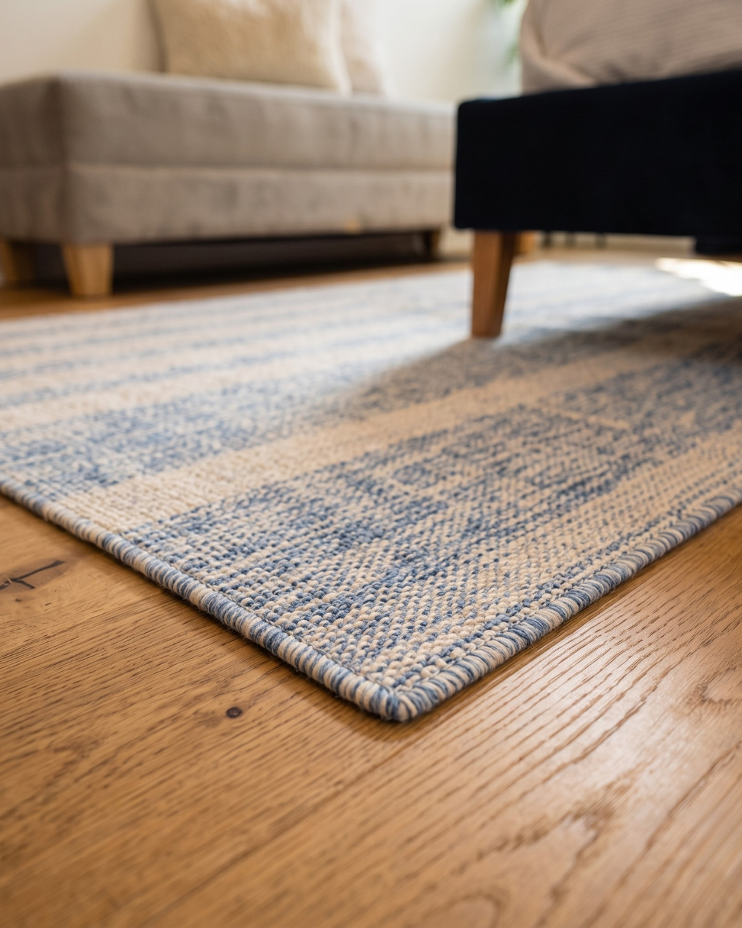 Oriental Weavers Thatcher THA06 Beige Blue blue ivory striped rug corner detail