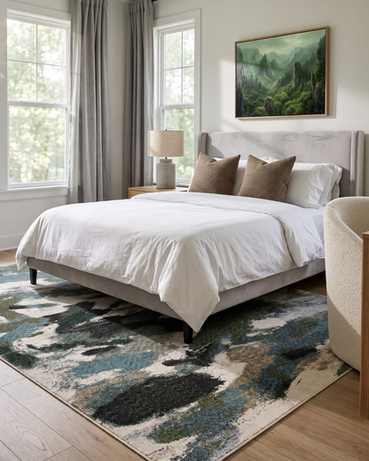 Oriental Weavers Tisdell TIS04 Blue Green abstract area rug in contemporary bedroom