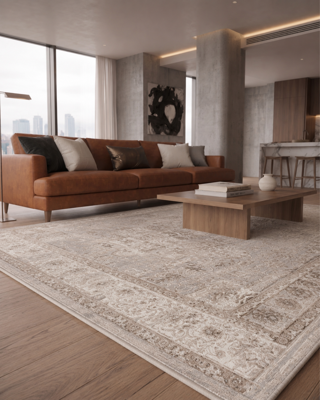 Rhodes RR6 Taupe Corner: Taupe distressed traditional rug close-up.