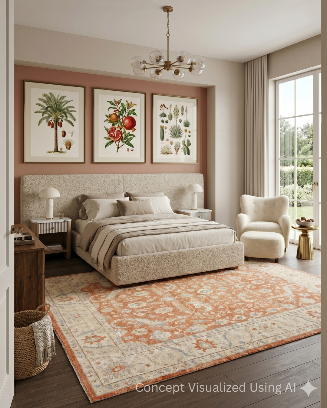Artisan Julie  Coral Beige vintage floral rug in elegant bedroom