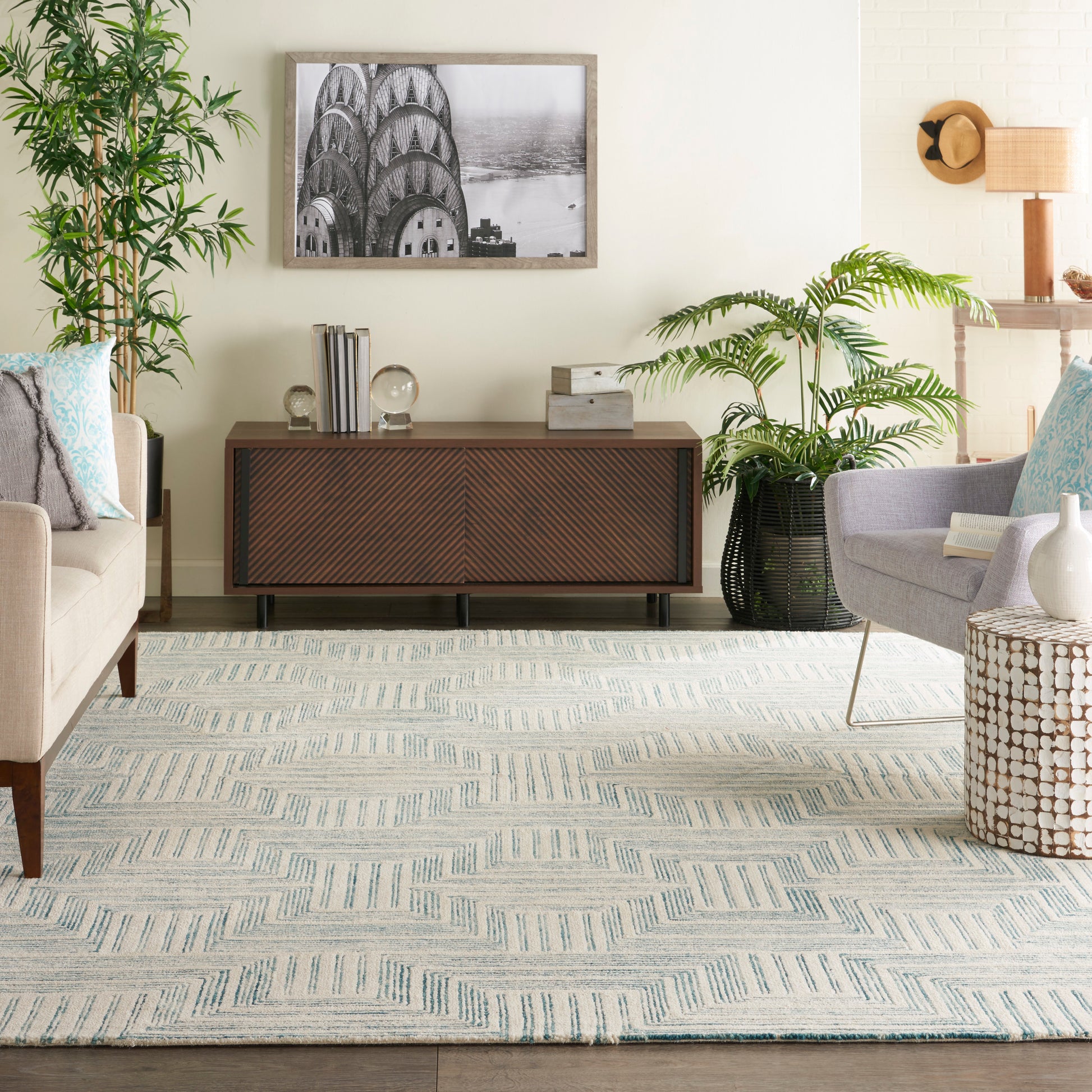 Nourison Home Interlock  Ivory Turquoise  Contemporary