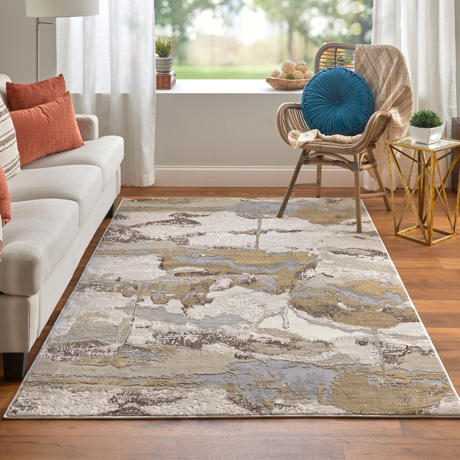 Feizy Aura 3737F Gold Marble Machine Woven Rug