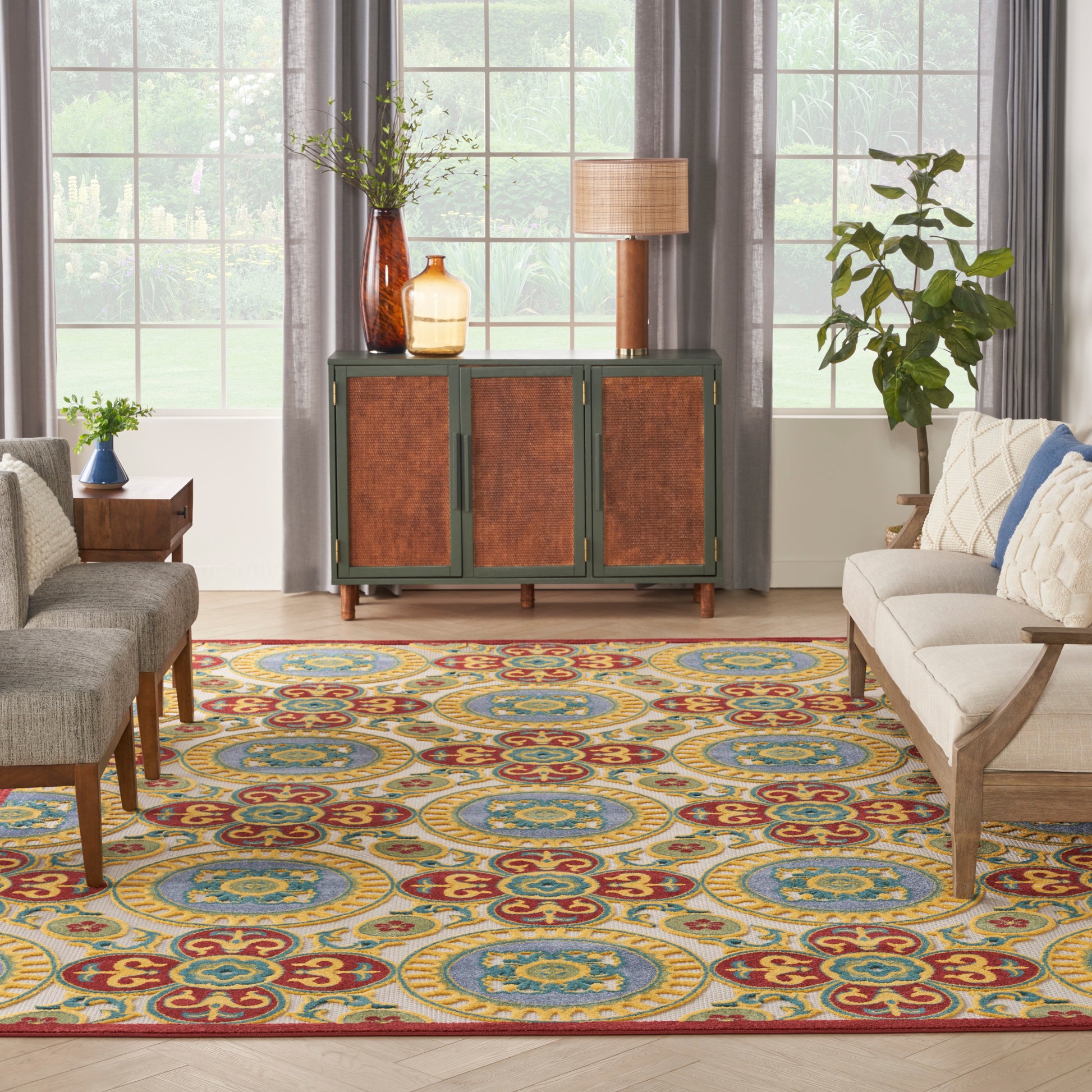 Nourison Home Aloha  Red Multicolor  Contemporary