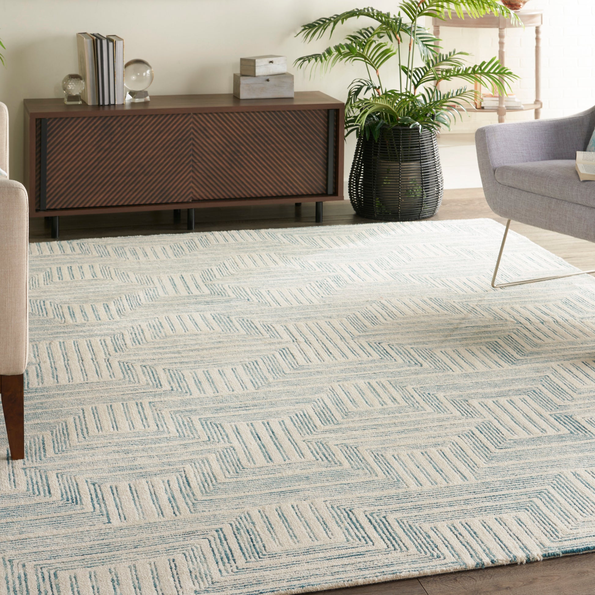 Nourison Home Interlock  Ivory Turquoise  Contemporary