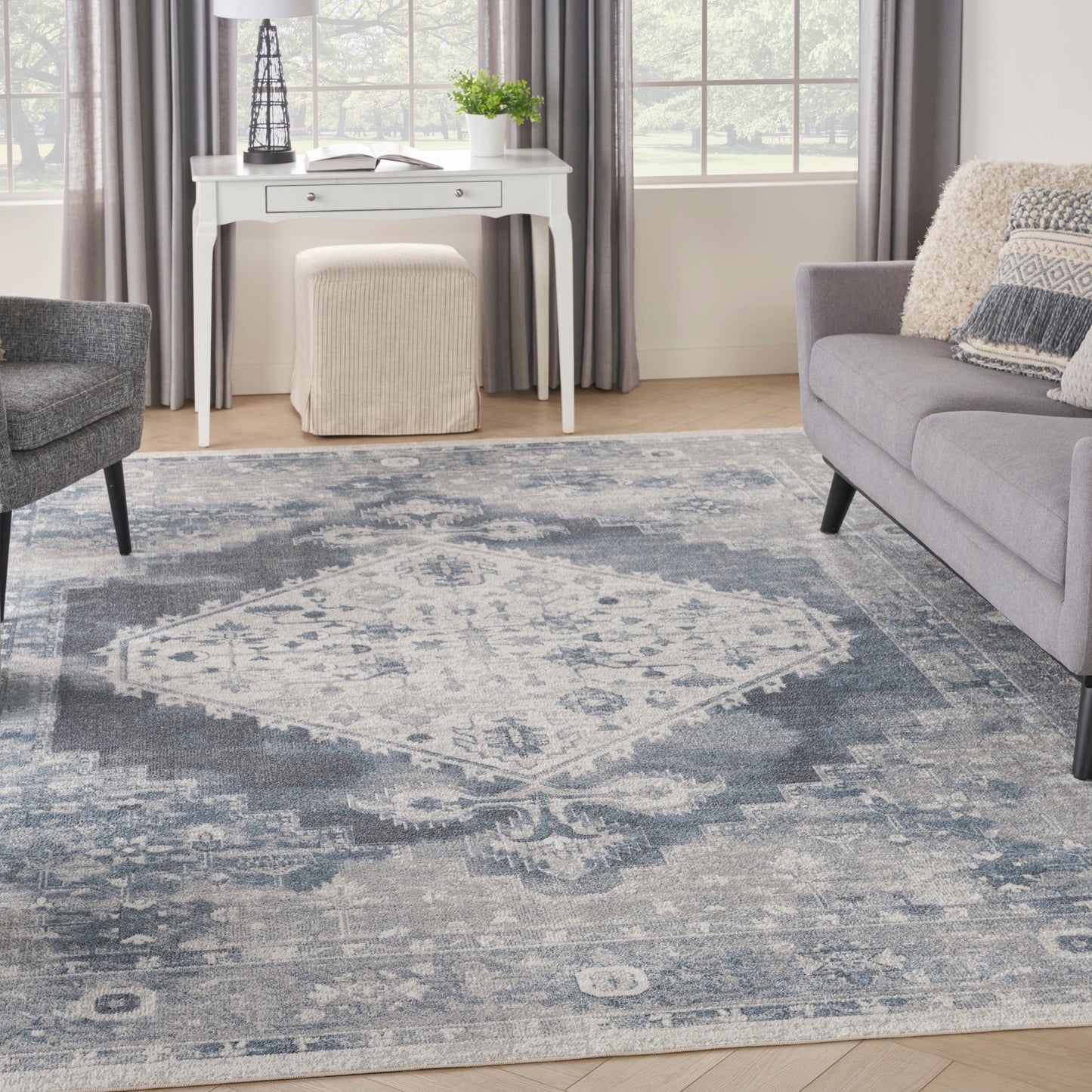 Nourison Home Astra Machine Washable  Blue Ivory  Traditional