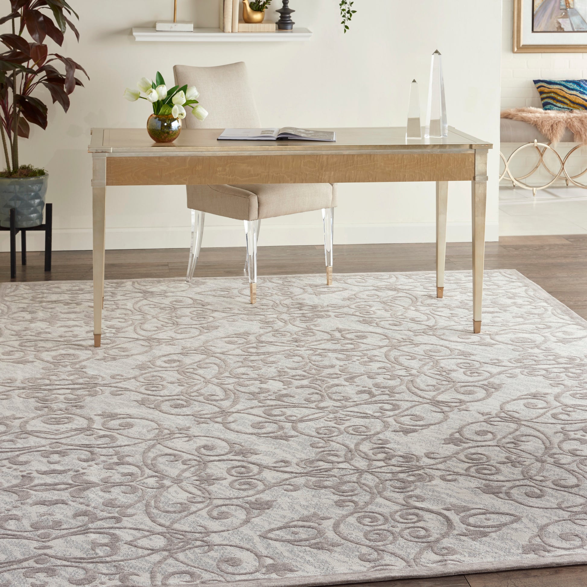Nourison Home Damask  Ivory Grey  Traditional